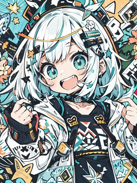 Anime-style with an emphasis on bold line work and limited color palette BREAK An exuberant, straight-on angle capturing the characters cheerful expression and raised hands BREAK A character with white hair and green highlights, large expressive eyes, wear...