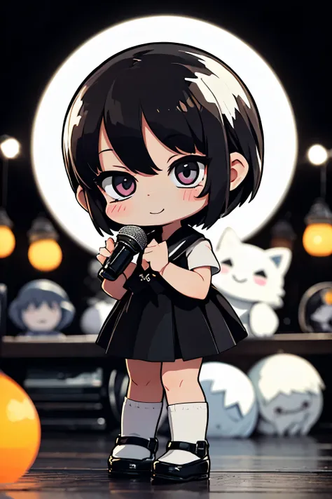 ((Monochrome Art、white and black))、 (Dynamic Pose), (The background is ruins:1.1）、Place one small doll on a circular stand、kawaii pose、A smile、A dark-haired、Chibi Doll、Stars in the eyes（kirakira）、Singing with microphone in hand、Eye Up、Laugh、Cute shoes、Ultr...