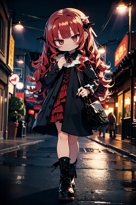 ((vampire mini cute girl: Red Eyes、Curly hair、very ),(Walk elegantly down the lively boulevard),(In the moonlight),(a scene from a movie:1.2))、Im a dangerous vampire