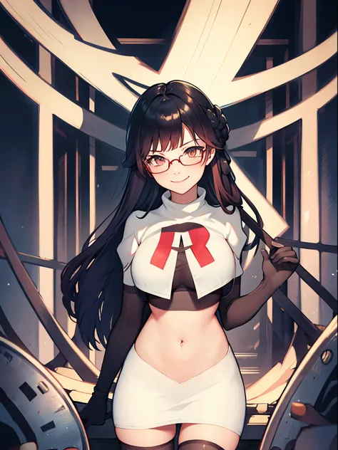 Gneisenau (Azur Lane), glasses,beautiful detailed eyes, periwinkle hair, long hair, team rocket,team rocket uniform, red letter R, white skirt,white crop top,black thigh-highs,black elbow gloves, sinister smile