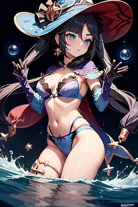 magic, hat, fantasy, casting a spell, from below, lingerie, blue magic circles, see-through lace bra and panties, floating water balls, butt