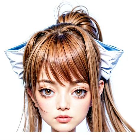 girl with brown, tied with ribbon ponytail and bangs, school uniform