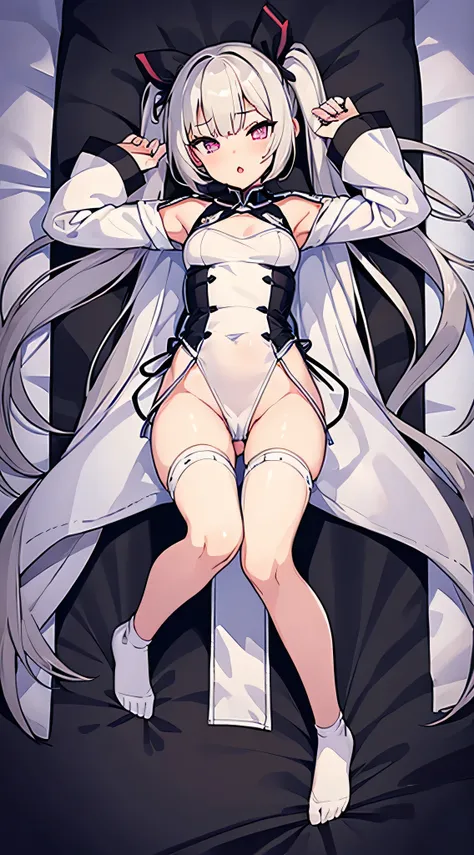 1girl, solo, looking at viewer, dakimakura, long white twintails, silver eyes, short in appearance, full body, masturbating, laying on white bedsheet, half naked, suggestive, (ahegao: 1.1)