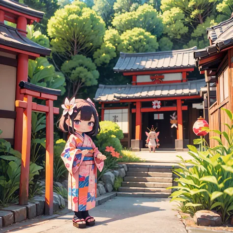 photorealstic、japan shrine in the background、３year old girl、wearing a kimono to celebrate shichi-go-san、traditional events of ja...