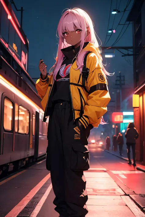 (masterpiece:1.4), 1girl, yellow Streetwear, cargo pants, street, (masterpiece, best quality, highres, ultra detailed ), night, depth of field, absurdreasterpiece:1.4), ultra-detailed, 1girl, dark-skinned, stand up, black and yellow, brown skin, long black...