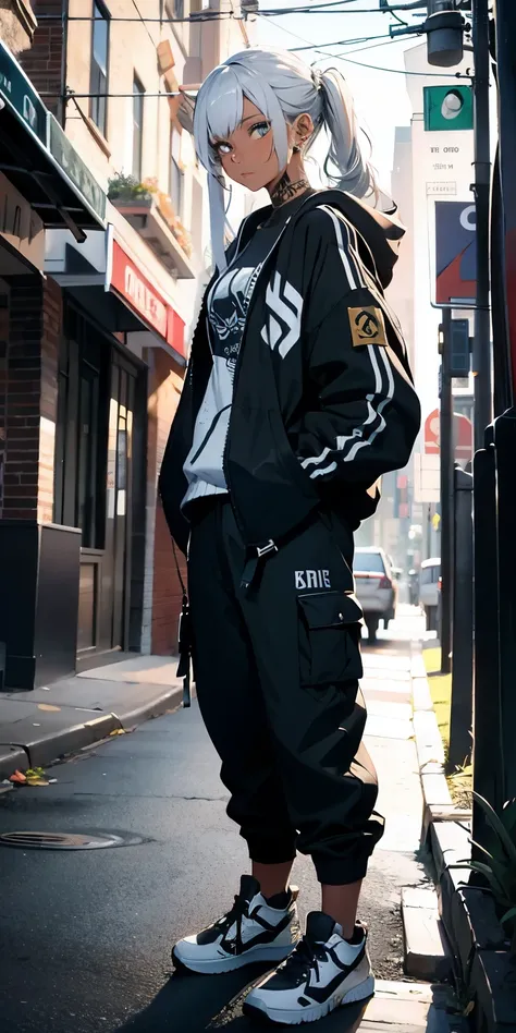 (masterpiece:1.4), 1girl, Streetwear, cargo pants, street, (masterpiece, best quality, highres, ultra detailed ), night, depth of field, absurdreasterpiece:1.4), ultra-detailed, 1girl, dark-skinned, stand up, black and yellow, long black wildly hair with w...