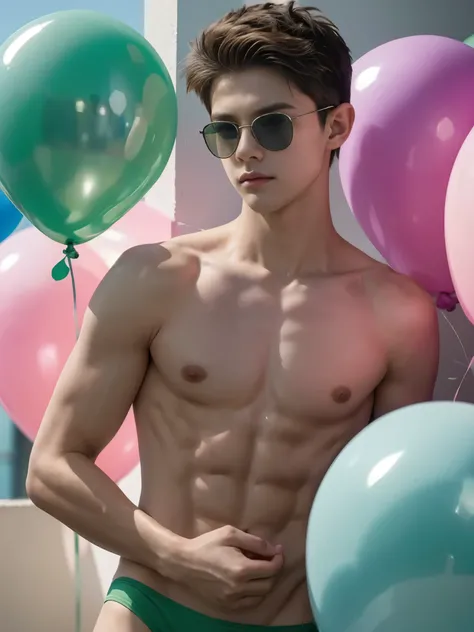 14-year-old boy, hugging big pink balloons, blowing big green balloons, wearing small green speedos, shirtless, abs, thin body, slim body, handsome, young boy, youthful, boyish, cute, black military sunglasses, rayban aviators, photography, realistic, big ...