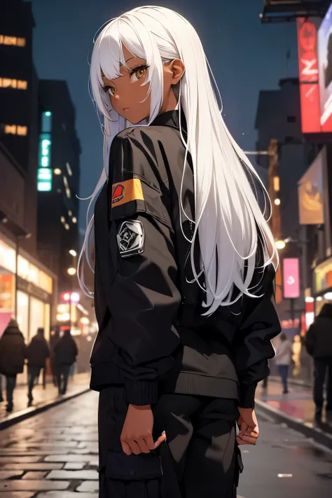 (masterpiece:1.4), 1girl, Streetwear, cargo pants, street, model,(masterpiece, best quality, highres, ultra detailed ), night, depth of field, absurdreasterpiece:1.4), ultra-detailed, 1girl, dark-skinned, stand up, black and yellow, long black wildly hair ...