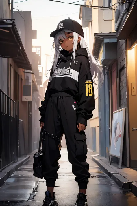 (masterpiece:1.4), 1girl, Streetwear, cargo pants, street, model,(masterpiece, best quality, highres, ultra detailed ), night, depth of field, absurdreasterpiece:1.4), ultra-detailed, 1girl, dark-skinned, stand up, black and yellow, long black wildly hair ...