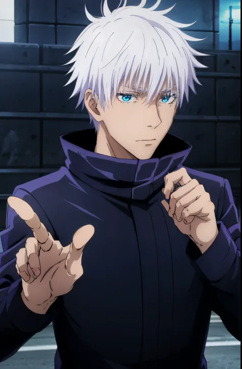 best quality, ultra high res, Gojo Satoru, Jujutsu Kaisen, looking at viewers, standing, white hair, blue eyes, black jacket , popped collar, outdoors, shibuya station, male focus, upper body, stylish_pose, hands,