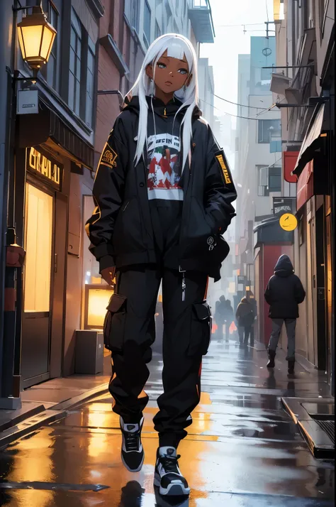 (masterpiece:1.4), 1girl, Streetwear, cargo pants, street, (masterpiece, best quality, highres, ultra detailed ), night, depth of field, absurdreasterpiece:1.4), ultra-detailed, 1girl, dark-skinned, stand up, black and yellow, long black wildly hair with w...