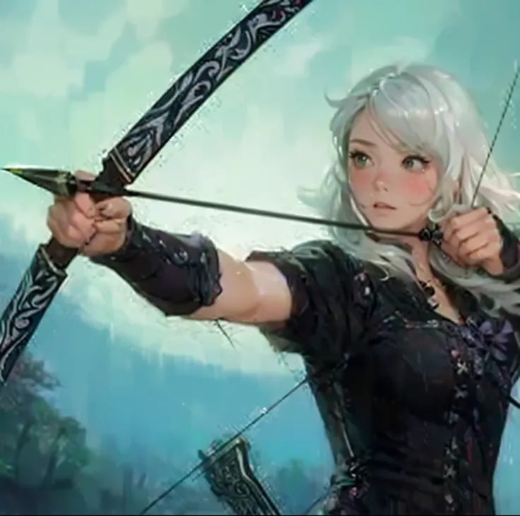 (masterpiece, best quality: 1.2), 1girl, solo, anime art, (straight on view) FACE FOCUS, best quality, ultra-detailed illustration of a woman drawing bow with magical arrow, beautiful detailed eyes in a fantasy forest, silver hair, wearing detiled green an...