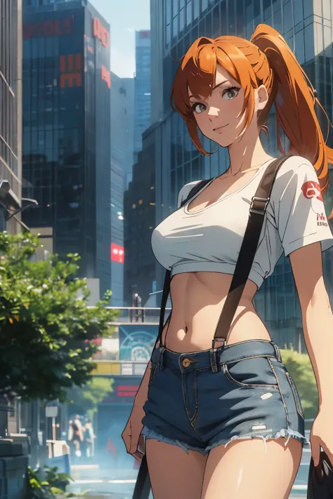 The centerpiece of the image is Misty from Pokémon, standing outdoors with a confident smile. Orange hair styled in a side ponytail, wearing denim shorts with suspenders, yellow crop top that shows off her midriff and navel. Yellow tank top. Cowboy shot po...