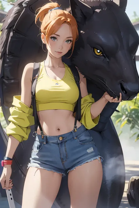 The centerpiece of the image is Misty from Pokémon, standing outdoors with a confident smile. Orange hair styled in a side ponytail, wearing denim shorts with suspenders, yellow crop top that shows off her midriff and navel. Yellow tank top. Cowboy shot po...