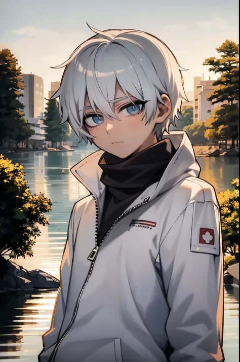 personagem de anime com cabelos brancos e olhos azuis em frente a um lago, Kaworu Nagisa, jovem homem de anime, cara de anime alto com olhos azuis, anime moe artstyle, Melhor Anime 4K Konachan Wallpaper, Arte Oficial, menino anime, arte anime de alta quali...