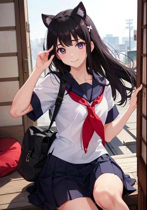 1girl in、As-、A smile、The shirt、skirt by the、Light in the eyes、（highlight in eyes）、（small tits）Chilarism、Japan High School Student Uniform、serafuku、summer clothing、（Portrait from the knee up）、