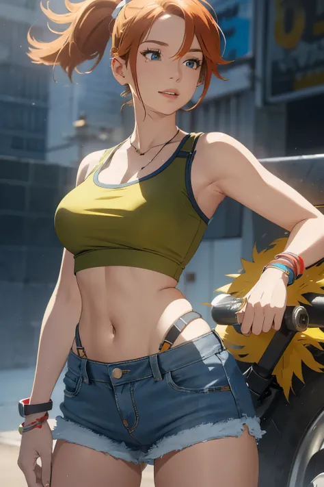 The centerpiece of the image is Misty from Pokémon, standing outdoors with a confident smile. Orange hair styled in a side ponytail, wearing denim shorts with suspenders, yellow crop top that shows off her midriff and navel. Yellow tank top. Cowboy shot po...