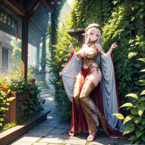 Transport the festivities to a midsummer celebration where elves dance under a sunlit sky, surrounded by fractal flowers and adorned with unique 3D Christmas ornaments, enormous tits, (full body:1.5)