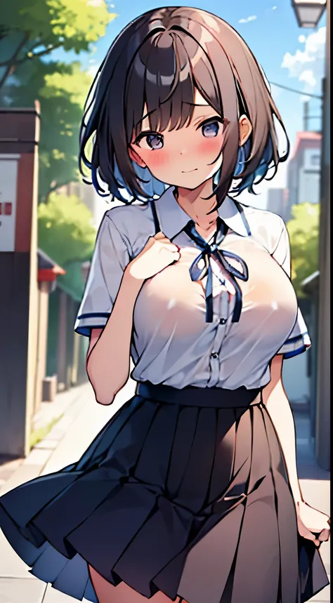 ((top-quality、8K、​masterpiece:1.3))、女の子1人、In a town where many people walk、Slender Abs、sofas、hyperdetailed face、A detailed eye、二重まぶた、非常にlarge full breasts、large full breasts、Colossal tits、Neat and clean schoolgirl、short-hair、Straight bob hair、前髪のあるshort-ha...