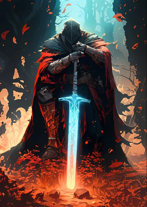 a man in a cloak holding a sword in a dark black and vermelho forest, segurar espada na floresta, Espada Brilhante (vermelho),estilo fantasia sombria art, arte de fantasia sombriawork, Arte de fantasia 8k, estilo fantasia sombria, Arte de fantasia 4k, epic...