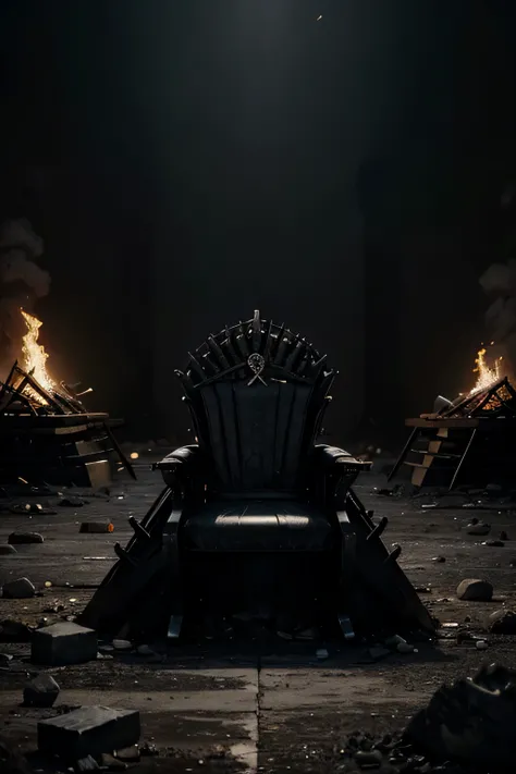 global destruction scenario, several burnt objects and an iron throne in the center on top of the pile of stones waiting for the God to sit on it