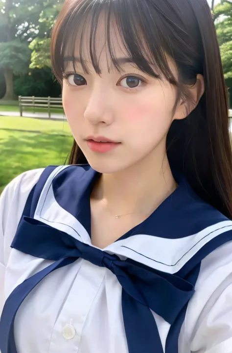 Close up portrait of woman walking in park in sailor suit、Japan Person Model、Young gravure idols、Young cute gravure idol、Realistic Young Gravure Idol、Realistic gravure idol、Young gravure idols、sophisticated gravure idol、奈良美智、Young skinny gravure idol、beaut...