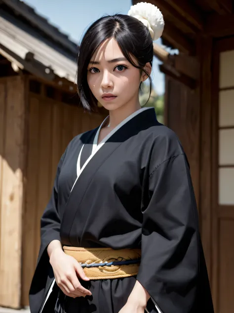 momohinamori, momo hinamori, black hair, hair bun, single hair bun, bun cover, short hair, (black eyes:1.5),
BREAK long sleeves, japanese clothes, kimono, haori, black BIKINI, hakama, black hakama,
BREAK JAPANESE HOUSES,
BREAK looking at viewer, (cowboy sh...