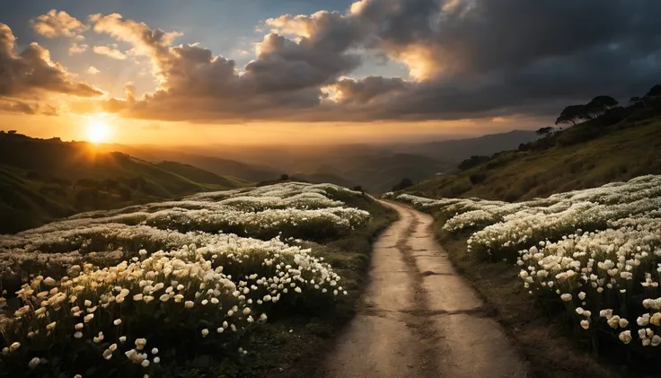 一片white flowers海，e o sol brilhava intensamente，The light from the back window is backlighted，Octano, heaven, Paisagem, 1girl "Kate Beckinsale", Existe um caminho no meio do mar de flores，there is space between，There is a path in the center of the screen，Th...