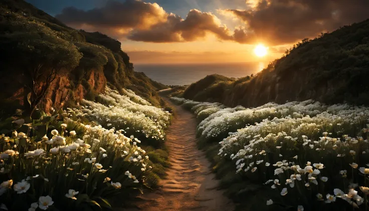 一片white flowers海，e o sol brilhava intensamente，The light from the back window is backlighted，Octano, heaven, Paisagem, 1girl "Kate Beckinsale", Existe um caminho no meio do mar de flores，there is space between，There is a path in the center of the screen，Th...
