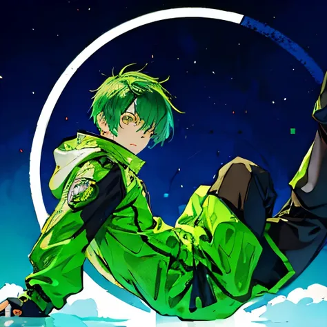 a cyber hero boy rests on a cloud, surrounded by a circle on the screen. ele veste roupa techwear preta e verde, cabelos longos ...