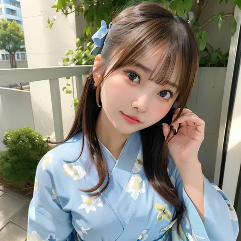 (light blue kimono:1.2)、(komono:1.2)、(bright floral pattern)、(long-sleeve)、1 girl、full body esbian、(brown hair、medium hair, twin...