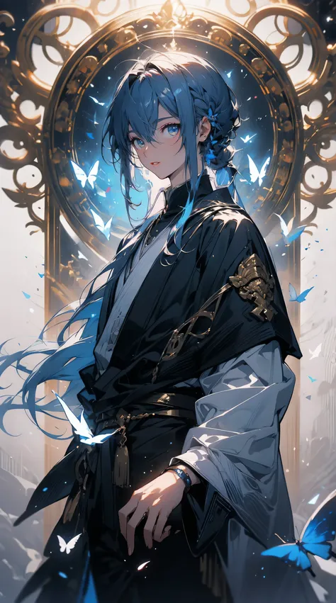 male people、character designs、（（（一人のmale people）））、male peopleらしい顔、tall、the long-haired、wearing a coat、stele、butterflys、watercol...