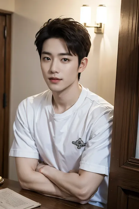 ((Top  Quality, 8K, ​masterpiece: 1.3))、Cool Korea Man, １Man with a、20yo、Well-formed face、Handsome nose、detailed eyes and face、beautiful  lighting、(studio)、Hight Resolution、（looking looking at viewer）、detailed mouth、Sorrisos、s whole body: 1.5, perfect body figure: 1.3, Pictures of both shoulders:1.3, Casual clothes:1.5