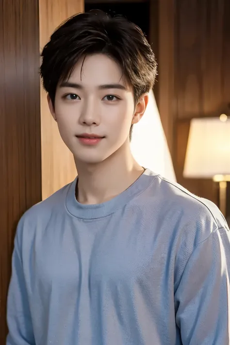 ((Top  Quality, 8K, ​masterpiece: 1.3))、Cool Korea Man, １Man with a、20yo、Well-formed face、Handsome nose、smiling、 detailed eyes and face、beautiful  lighting、(studio)、Hight Resolution、（looking looking at viewer）、detailed mouth、Sorrisos、s whole body: 1.5, perfect body figure: 1.3, Pictures of both shoulders:1.3, Casual clothes:1.5