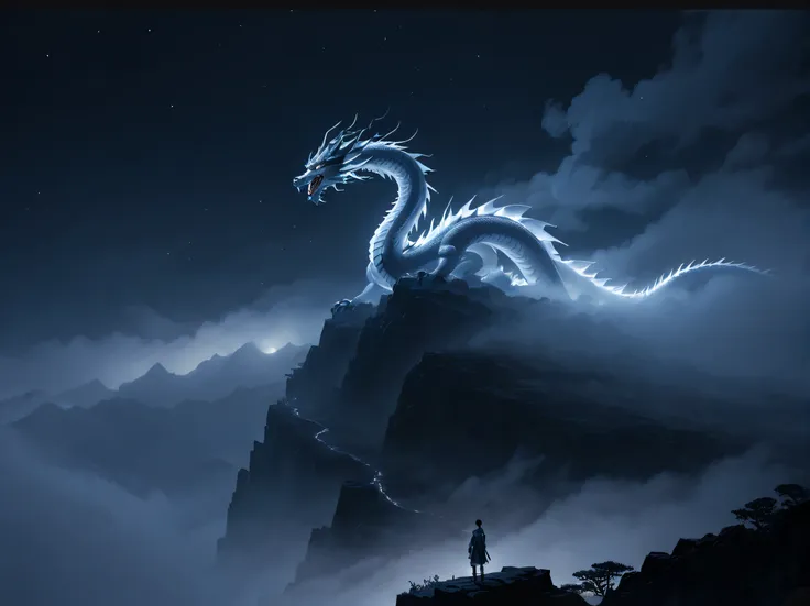 (tmasterpiece, best quality, lightning bolt:1.2), (asian white dragon:1.3), sky sky, the beautiful, (foggy part, foggy partgy:1....