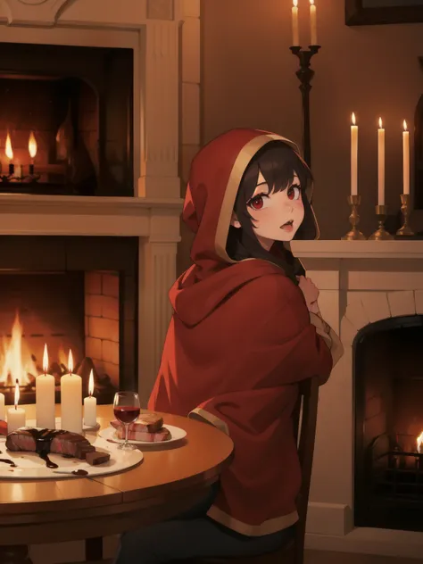 littleredridinghood, fireplace, dining table, bloody steak, waxy candles, claret