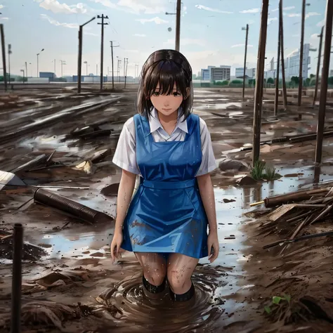 schoolgirl in malaysia school uniform (white shirt in blue pinafore) hopeless, getting abandoned in a wasteland , very muddy, mu...