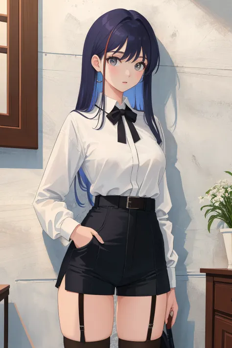 ((masterpiece, best quality)), 1girl, tall, cute young woman, colored hair, white shirt, shorts, black garter belt