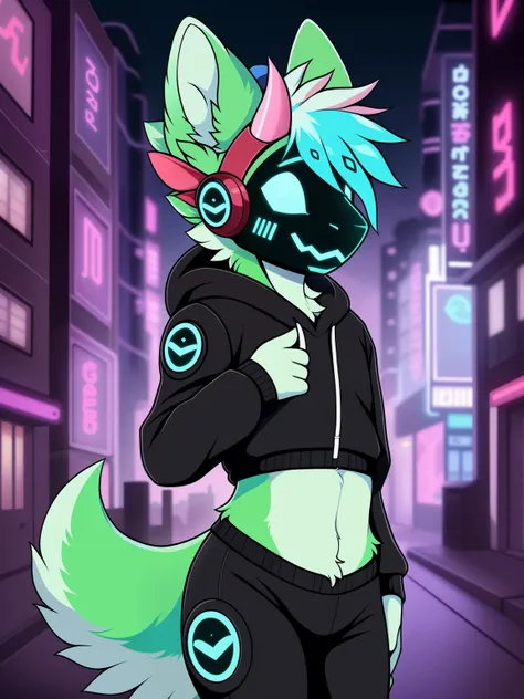 hioshiru, protogen, femboy, girly, blue eyes, white fur, green fur with stripes, wearing a hoodie, in a cyberpunk city, solo, ho...