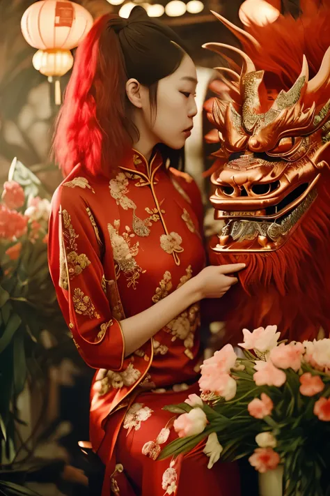 there is a woman sitting at a table with a vase and a dragon statue, portrait shot, wearing a red cheongsam, chinese style, chin...