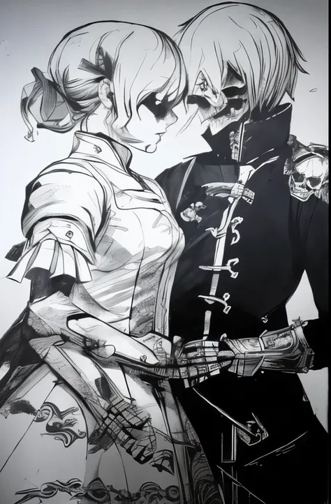 a drawing of a couple of people standing next to each other, highly detailed exquisite fanart, extremely fine ink lineart, dishonored inspired, (inktober), pencil and ink manga drawing, ska skeleton and girlfriend, high quality fanart, dishonored style, sh...