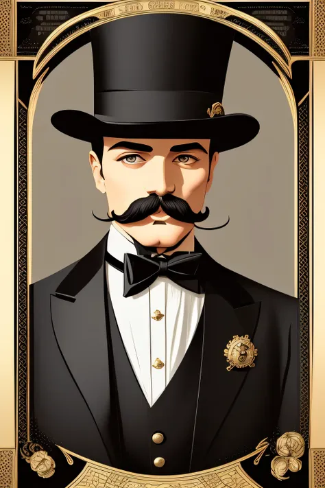 there is a poster of a man with a mustache and a top hat, vector art inspired by frank xavier leyendecker, tumblr, art nouveau, ...