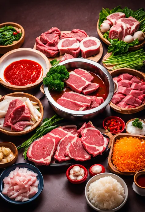 various beef and mutton ingredients，hot pot ingredienteef and mutton on restaurant table，tasty