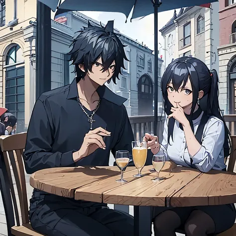 a man in black casual clothes next to a woman having lunch in an open-air restaurant.