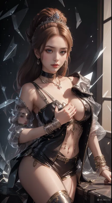 tmasterpiece，Highest image quality，Beautiful bust of noble mature aunt，Exquisite red updo hairstyle，Decorated with tiara，choker，ear studs，Avant-garde metallic leather jacket，leg loopquisitely crafted jewelry，Ultra-detailed details，advanced。At the Pixiv Art...