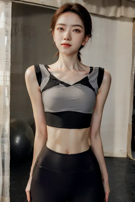 A woman in a gray blouse and black pants poses for a photo, Wearing a sexy crop top, Wear a cropped top, Wear a crop top, Wear a cropped tops, Thin waist, 暴露hason, physical : 有史以来最小的hason, Wear a crop top, Sports and shirts, Cropped shirts and strong abs, ...