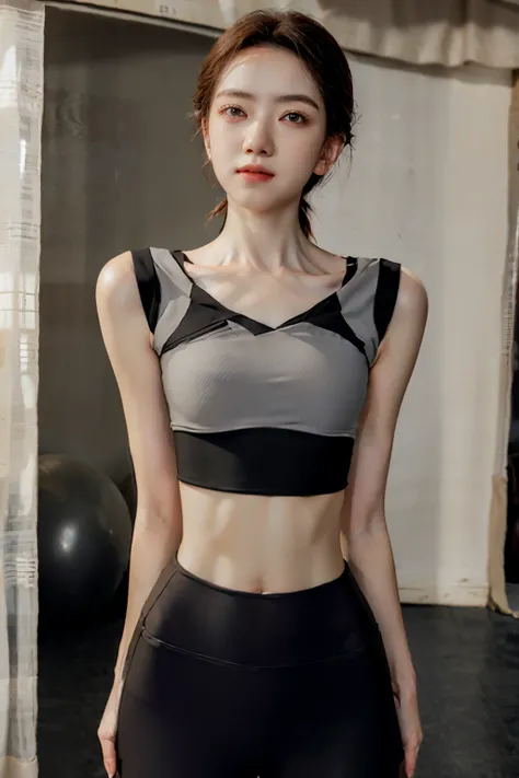A woman in a gray blouse and black pants poses for a photo, Wearing a sexy crop top, Wear a cropped top, Wear a crop top, Wear a cropped tops, Thin waist, 暴露hason, physical : 有史以来最小的hason, Wear a crop top, Sports and shirts, Cropped shirts and strong abs, ...