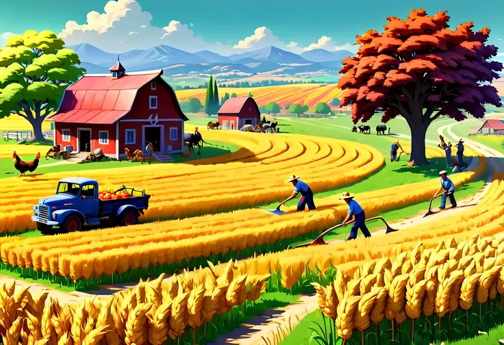 stained glass style，(1 unique and scenic farm)，(Red roofs and surrounding golden wheat fields and colorful orchards), ((People are harvesting with scythes，and loading the wheat onto the truck))。((cavalos、taur、Animals such as chickens and ducks play in the ...