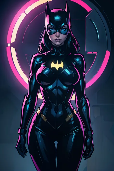 ((realstic)) and ultra-detailed photography of a nude woman, batgirl, sexy expression, sexy pose, hands infront of body, neon co...