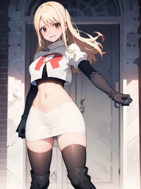 Lucy_Heartfilia, long hair,blonde hair, brown eyes, ,team rocket uniform, red letter R, white skirt,white crop top,black thigh-high boots, black elbow gloves, evil smile, looking at viewer, cowboy shot